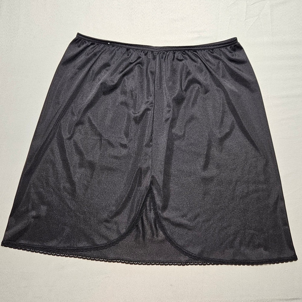 Vtg Silky Half Slip Womens Medium Black Lace Trim Kick Vent Skirt Liner Coquette